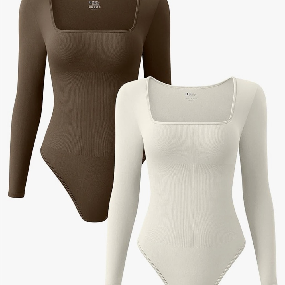 Elegant Square Neck Bodysuit Set - Brown and Cream